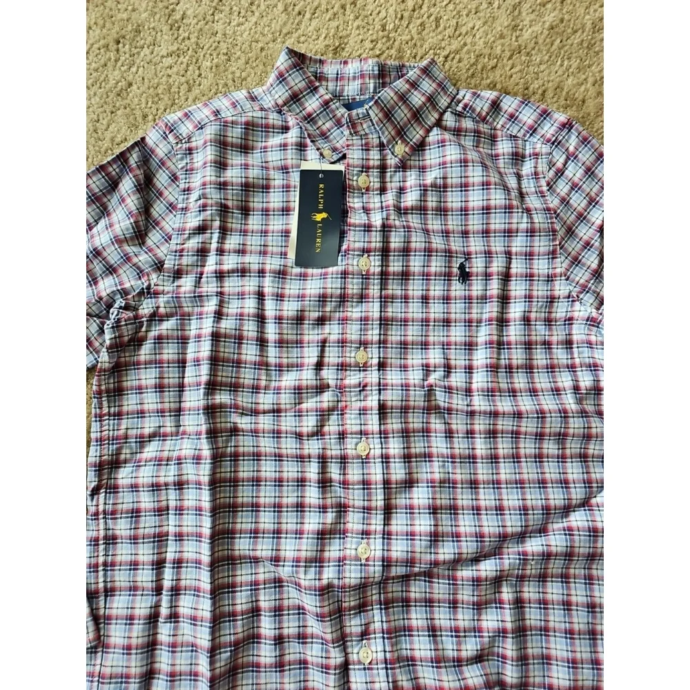 Ralph Lauren Boys Plaid Button Up Long Sleeve Shirt Blue Red Large